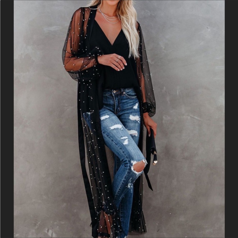 1 Left! Black Tulle Open Front Duster Kimono w/Silver Beads - Picture 6 of 9